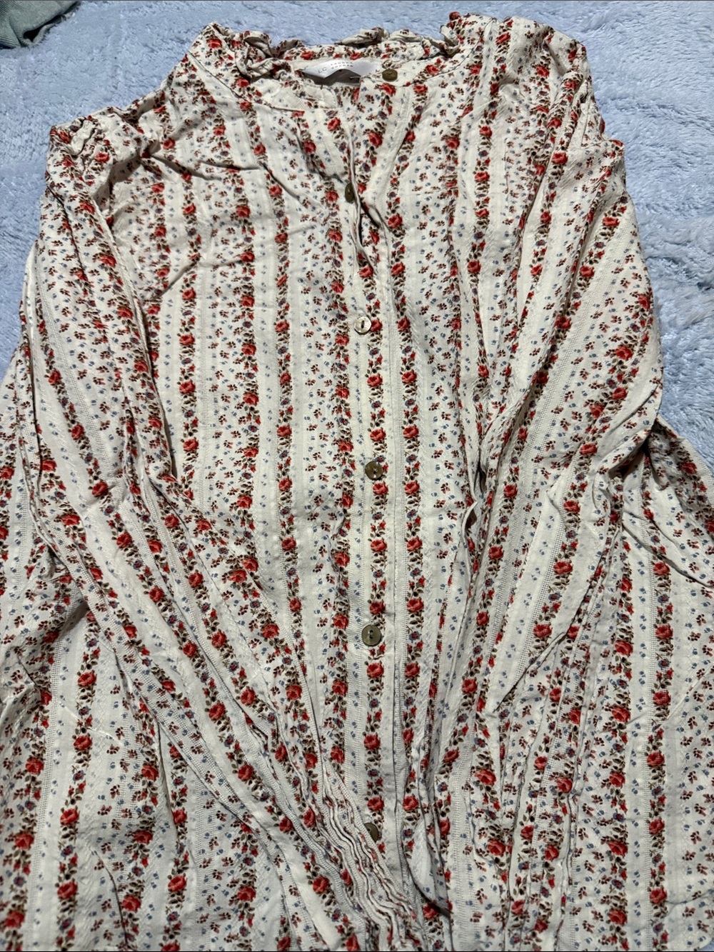 LC Lauren Conrad Cream Blouse with Red Floral Stripes